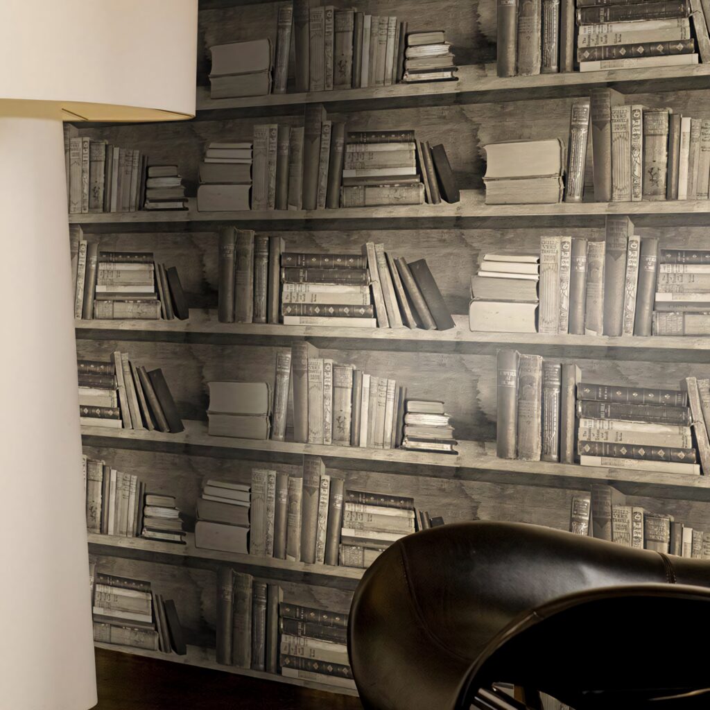 Vintage bookshelf wallpaper with painted old books creating a classic library ambiance background