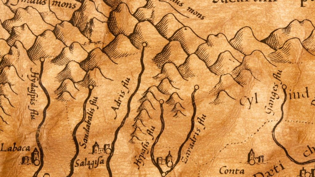Vintage parchment map wallpaper with antique cartography mountains rivers and Latin labels