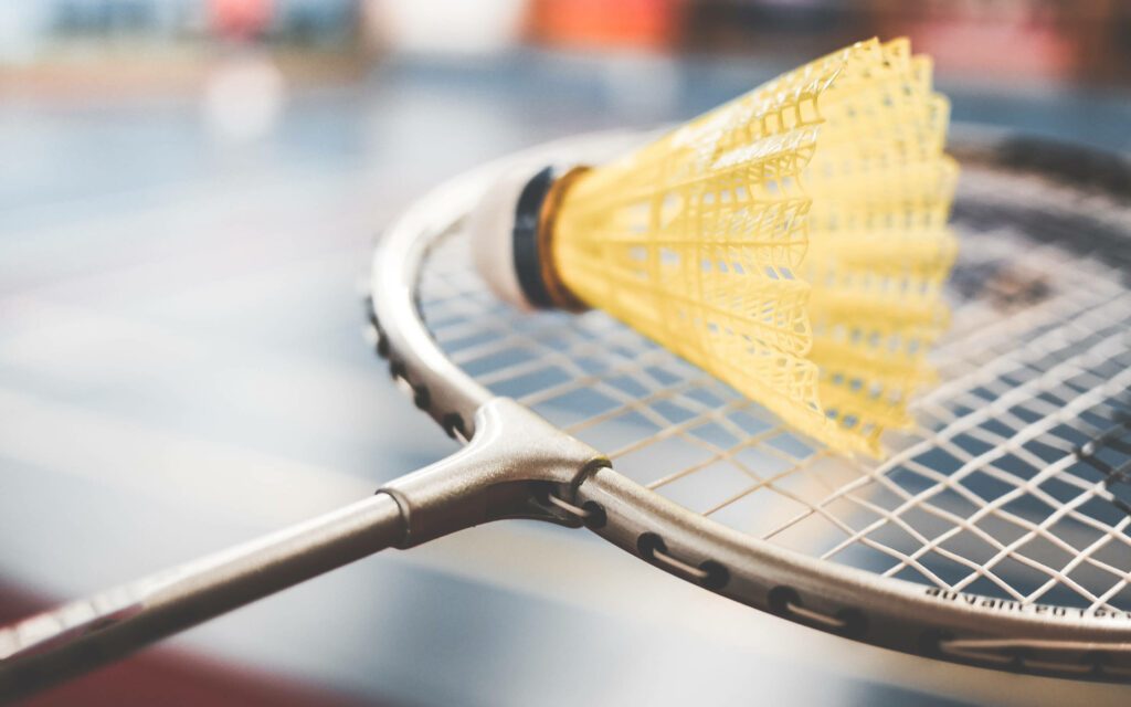 Vintage Shuttlecock Rests on Net Against Blurry Court Wallpaper