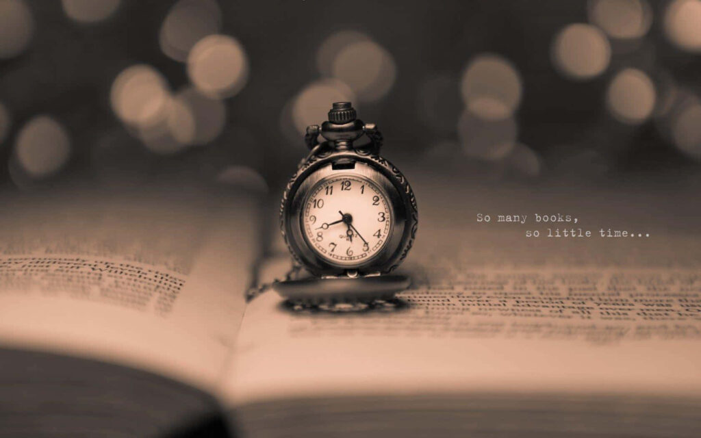 Vintage pocket watch on open book sepia tones soft bokeh nostalgic time reading background Wallpaper
