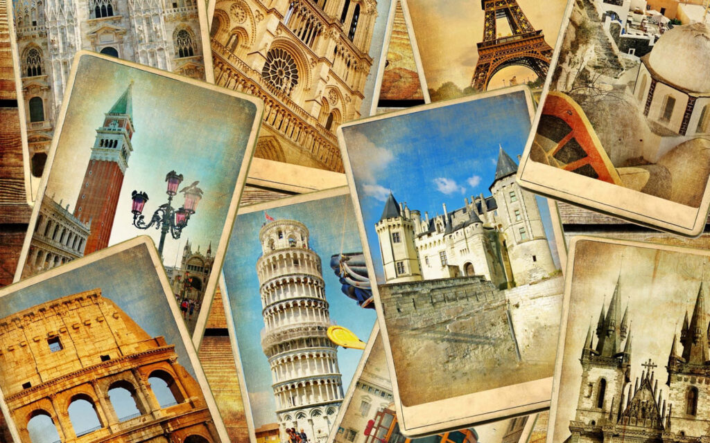 Vintage Postcard Wallpaper: Iconic Landmarks from Around the World