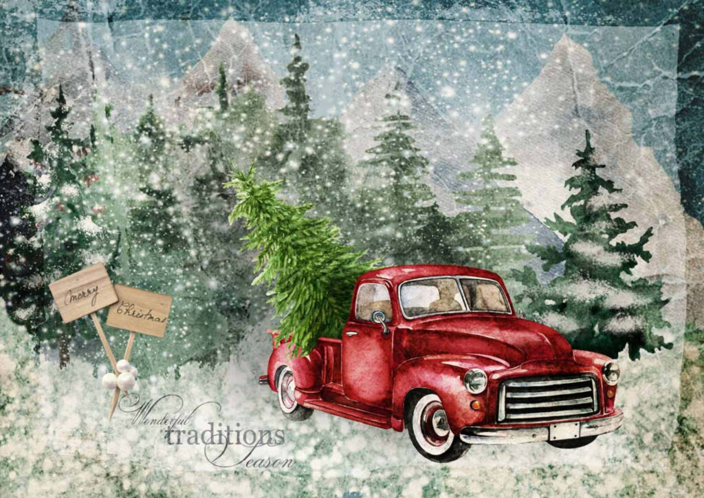 Vintage Red Truck Holiday Wallpaper with Snowy Landscape
