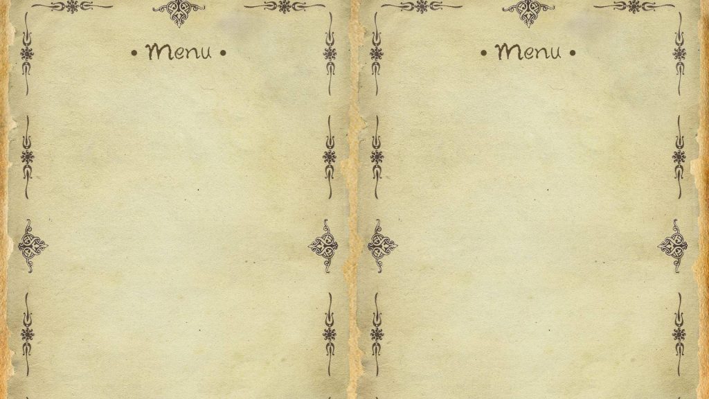 Vintage menu template with rustic parchment panels ornate filigree borders sepia tone background Wallpaper