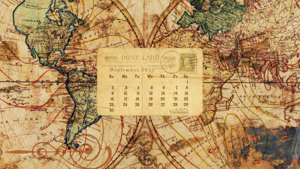 Vintage postcard calendar wallpaper with antique sepia world map and September 2012 dates