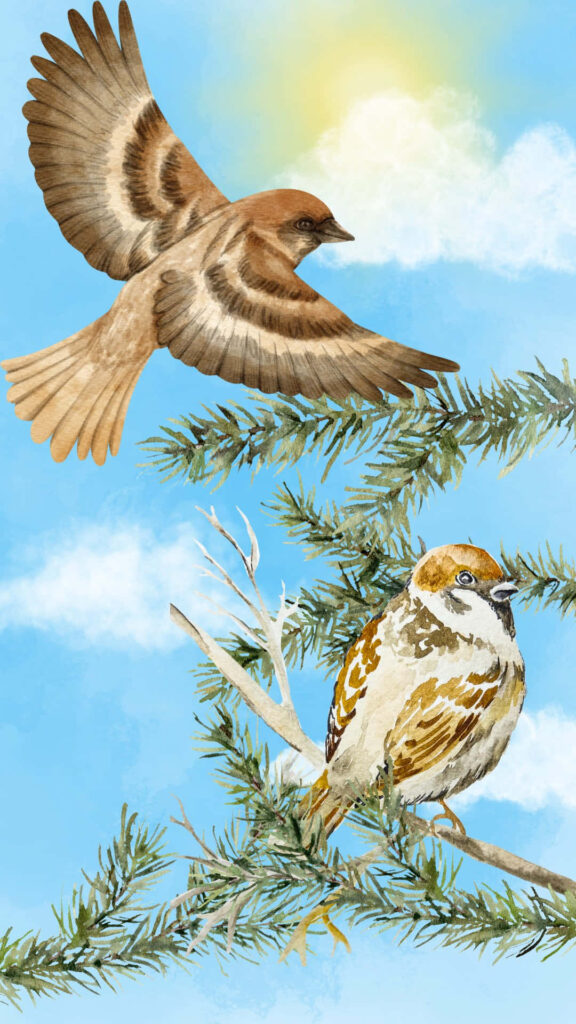 Vintage Wallpaper: Sparrows in Tranquil Sky & Pine Branch Scene