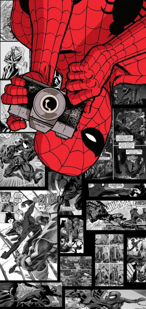 Vintage Spiderman HD wallpaper: Spiderman upside down with camera, classic comic collage background