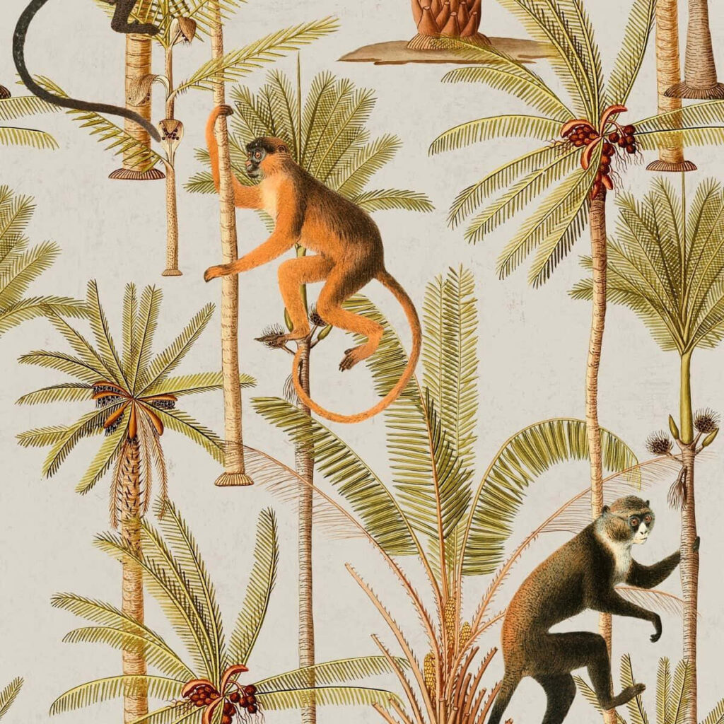 Vintage Squirrel Monkey Wallpaper: Retro Botanical Palm Tree Art