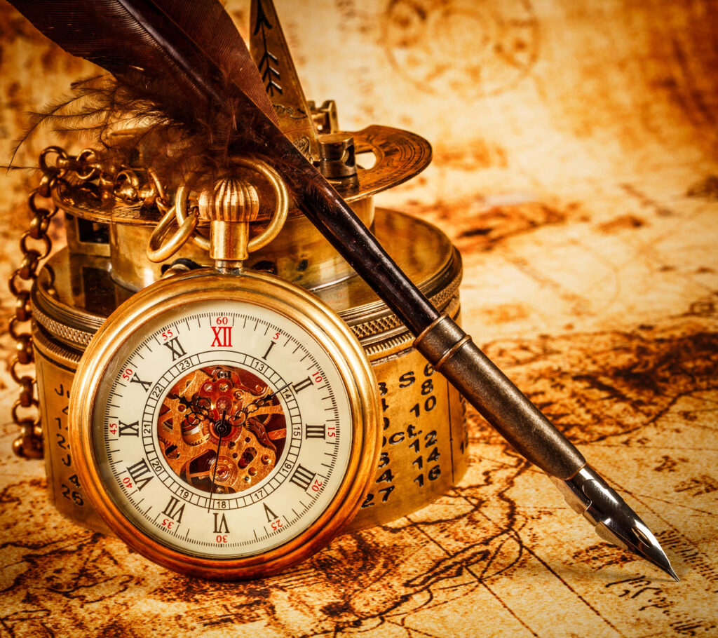 Vintage gold pocket watch with gears on antique world map sepia steampunk wallpaper background