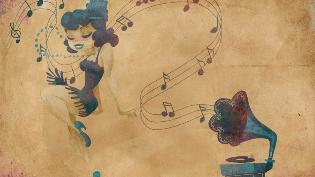 Elegantly Grooving: A Timeless Beauty Captivated by the Melodies of the Past Wallpaper