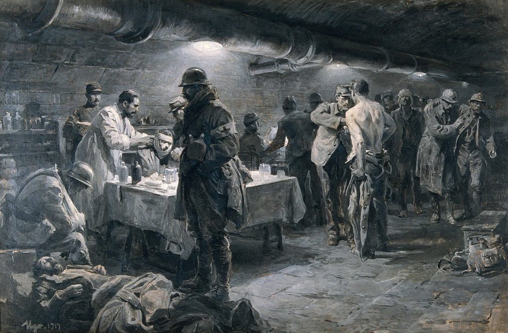 Vintage WWI wallpaper showing 1917 underground field hospital with medics treating wounded soldiers