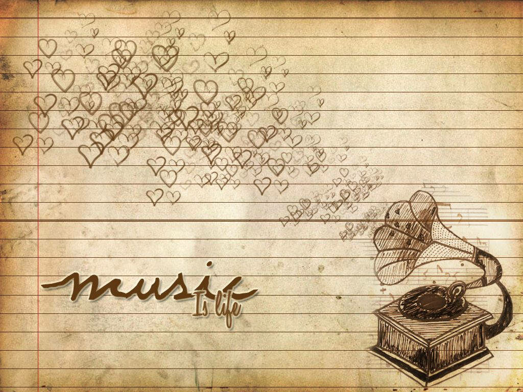 Vintage Wallpaper: Phonograph Design with Music Is Life Theme