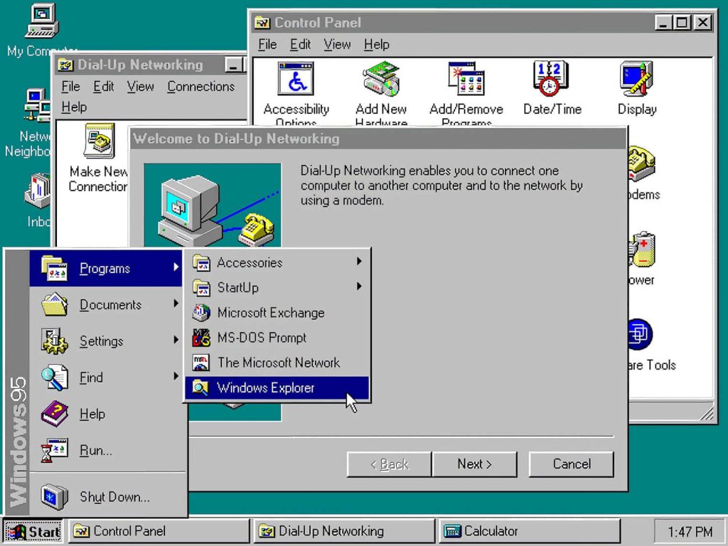 Vintage Windows 95 desktop screenshot with classic Start menu and Dial-Up Networking setup wizard Wallpaper