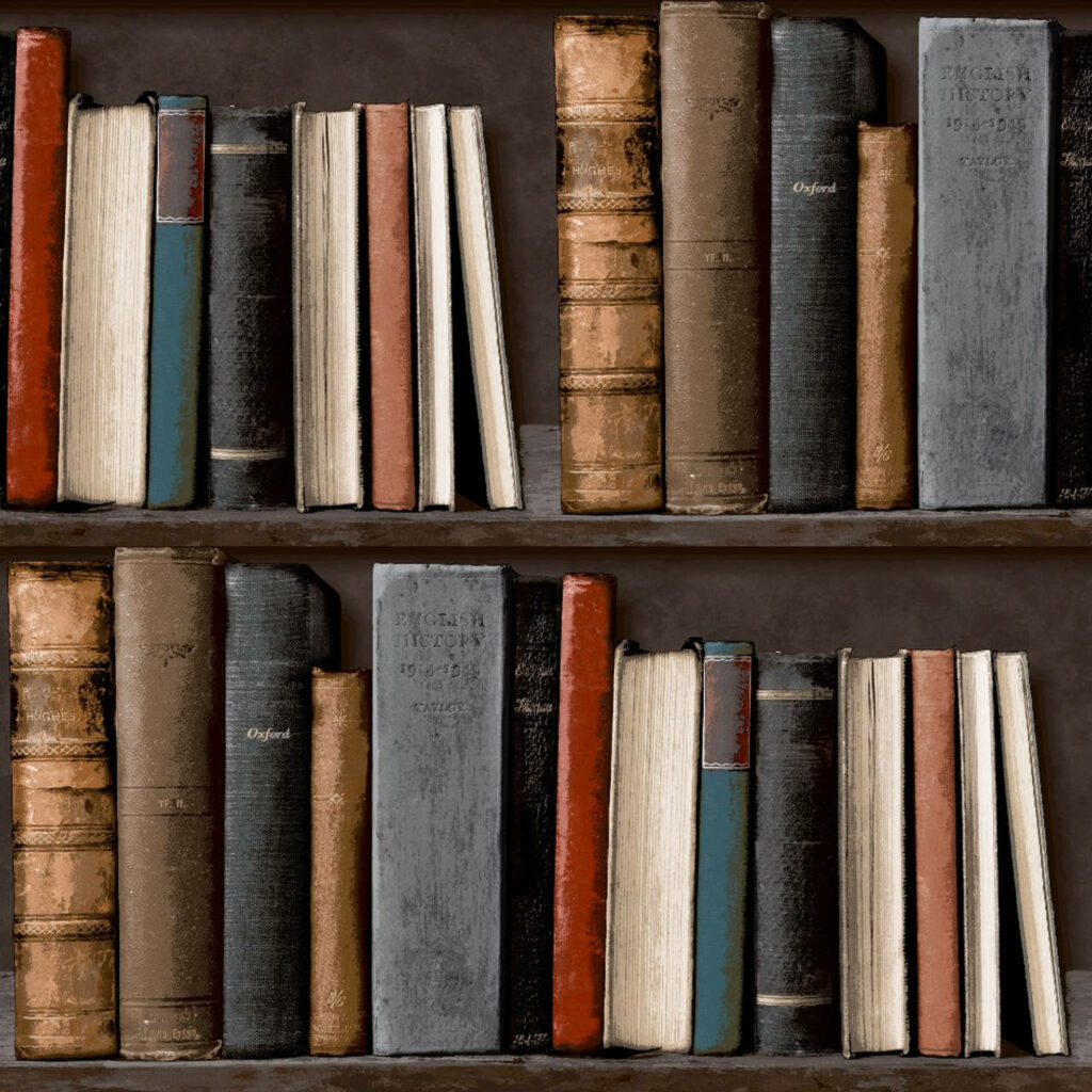 Antique wooden bookshelf filled with colorful vintage books creating nostalgic scholarly wallpaper
