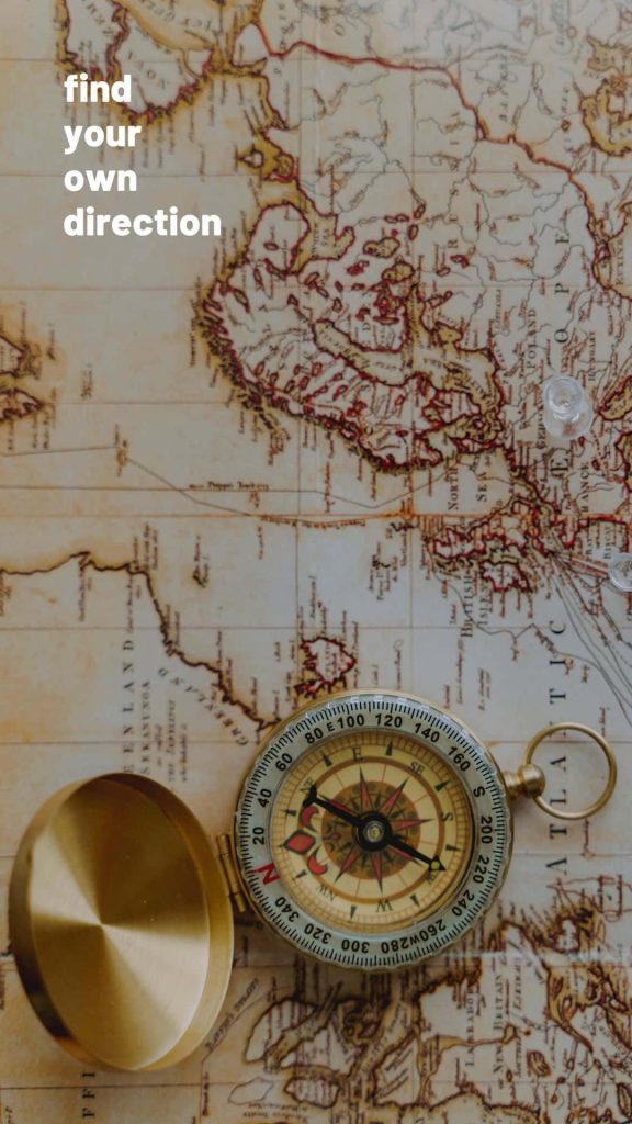 Vintage world map wallpaper with brass compass and find your own direction travel quote