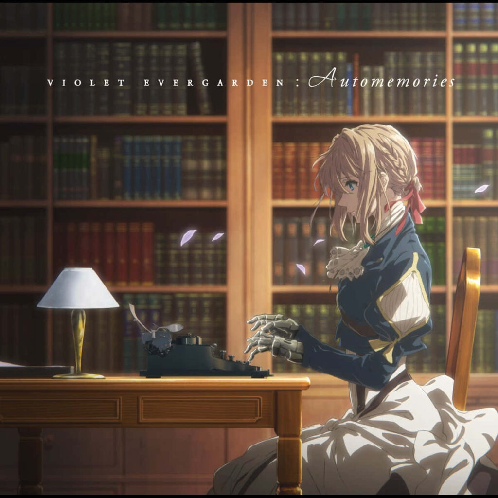 Violet Evergarden: Thoughtful Moments in a Cozy Library Wallpaper