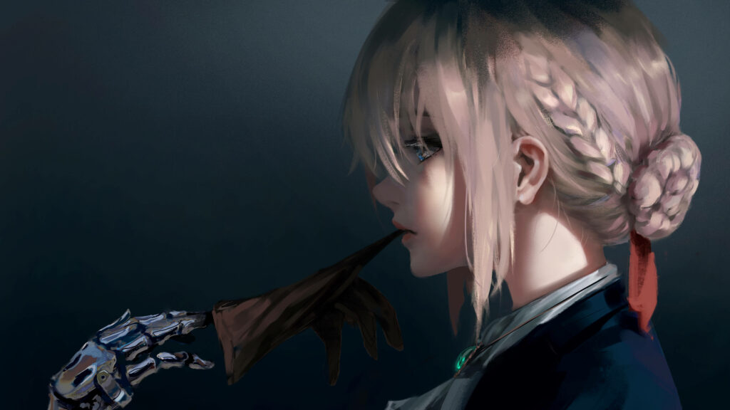Metallic Might: A Captivating Anime Heroine, Violet Evergarden, Reveals Her Futuristic Power in Stylish Side-profile Shot Wallpaper