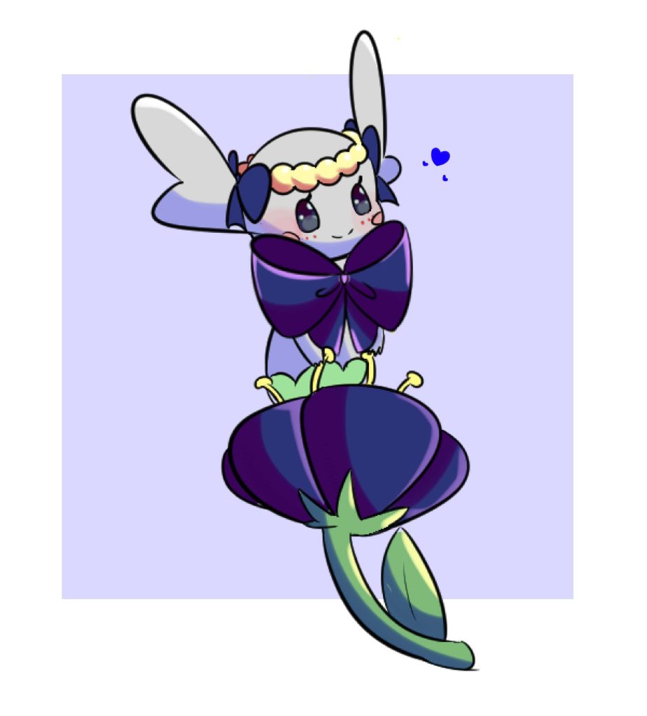 Violet Flabébé Pokémon perched on purple flower digital illustration anime wallpaper background