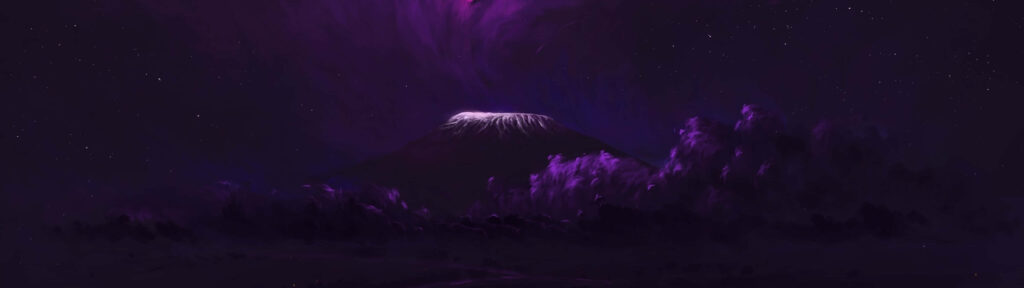 Majestic Violet Peaks: Dual Screen 5120x1440 Mountain Landscape with Lush Shrubs Wallpaper