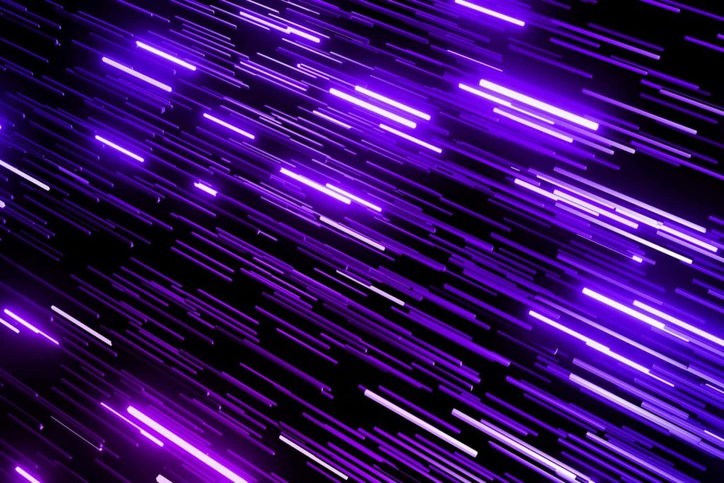 Flying violet neon lights streaking across black void futuristic high-tech digital wallpaper background