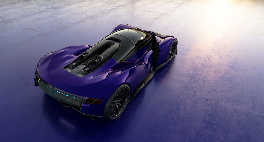 Sleek violet sports car 3D render on reflective surface with ambient lighting futuristic design wallpaper