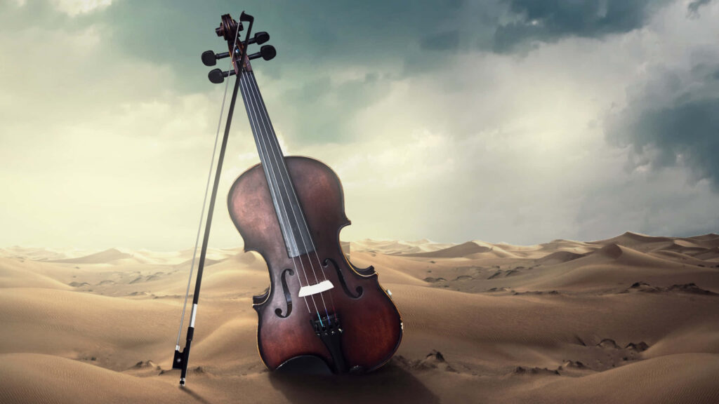 Violin in Desert: A Harmonious Wallpaper Background of Nature & Music