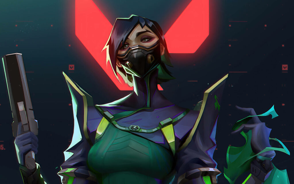 Viper from Valorant Strikes a Pose in Front of the Game's Emblem Wallpaper