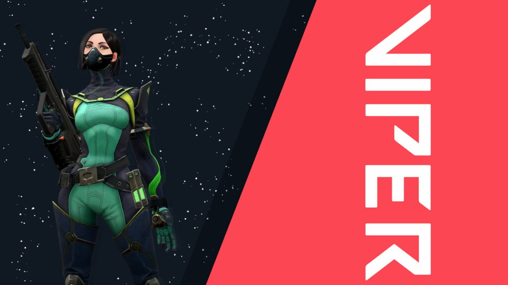 Valorant Viper wallpaper with agent in tactical suit and gas mask holding rifle on starry background