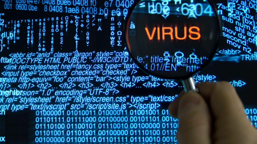 Cyberpunk Intrigue: Cutting-edge 4K Background Unveiling Intertwined Binary Codes, Blue Computer Script, and a Menacing Red 'Virus' Magnified Through a Magnifying Glass Wallpaper