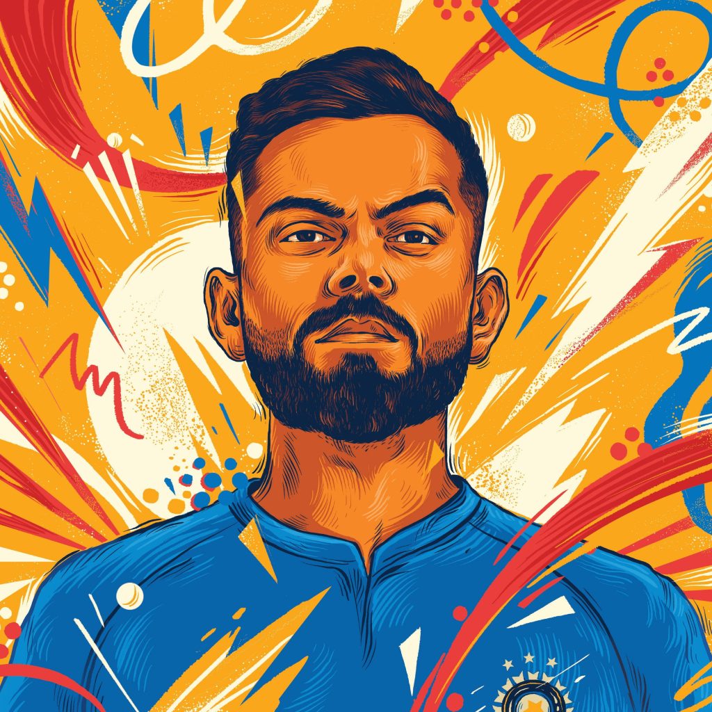 Digital portrait of Virat Kohli in blue jersey with vibrant abstract background wallpaper