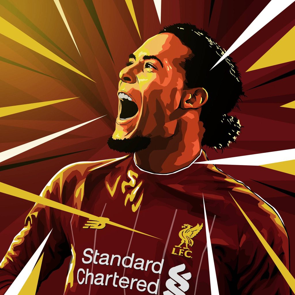 Liverpool FC captain Virgil van Dijk shouting vector art with vibrant red and yellow sunburst background Wallpaper