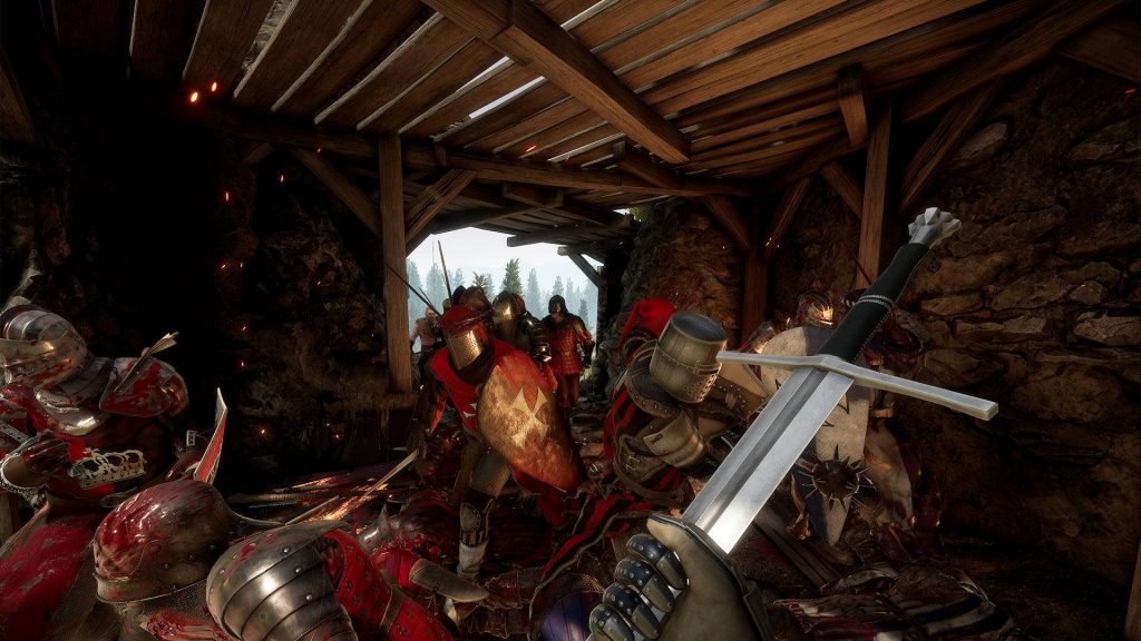 First-person view of armored knights fighting fiercely in a bloody medieval battlefield fortress Wallpaper