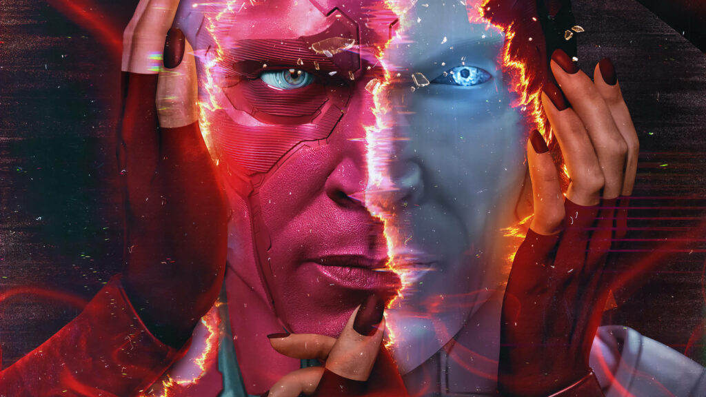 Vision Marvel hero split face wallpaper vibrant energy effects synthetic human elements background