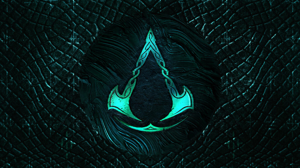 Crafted Emblem of Assassin's Creed Valhalla: Resplendent Symbol in Sapphire Tones Against an Enigmatic Metallic Backdrop Wallpaper