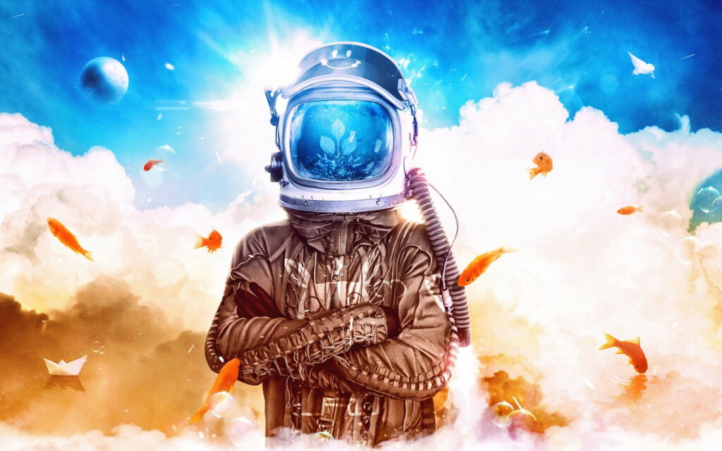Imaginary Graphic Art - Nature, Fish, Sky, Planet, Guy Breathing Oxygen from Helmet - Immersive Visual Experience: Stunning Graphics and High-Definition Wallpaper Background