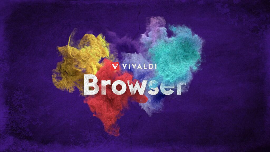 Vivid Vivaldi Browser wallpaper with yellow red teal powder splashes on deep purple background
