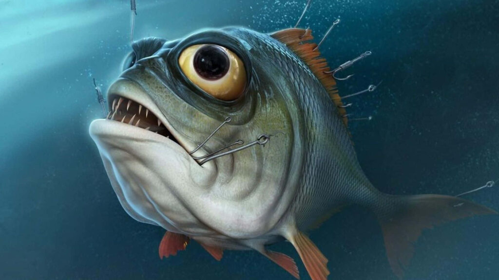 Vivid 3D Fish Wallpaper with Exaggerated Features and Hooks