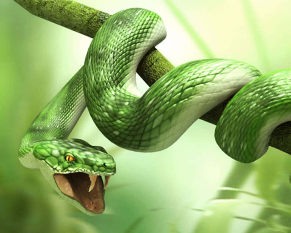 Vivid 3D Green Snake Wallpaper with Intricate Scales & Nature Background