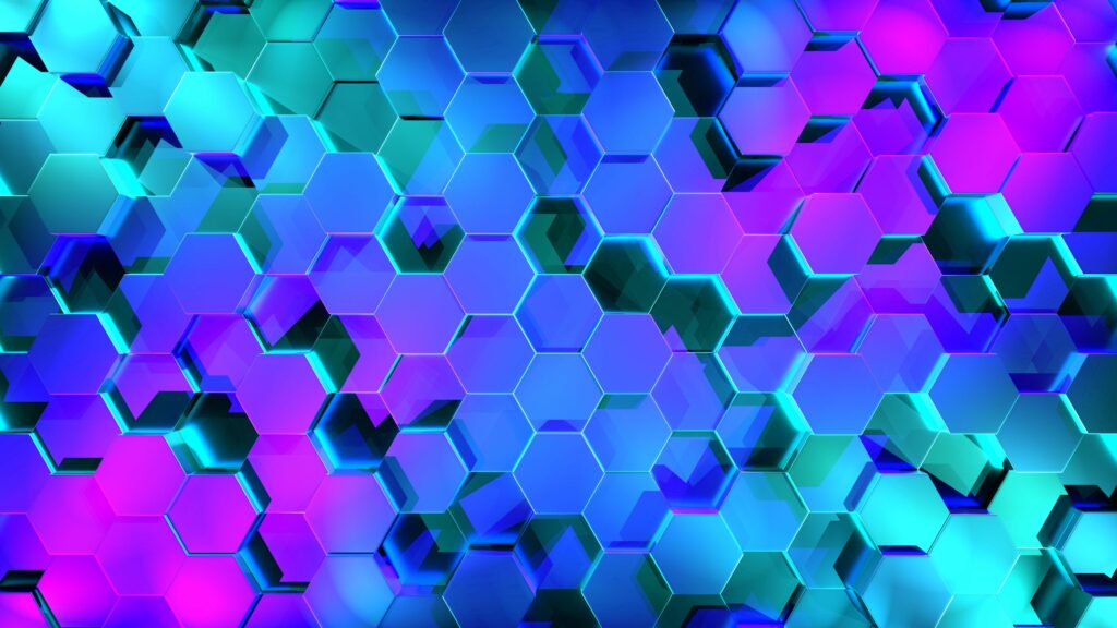 Dynamic 3D Hexagon Wallpaper: Vivid Blues, Purples & Greens