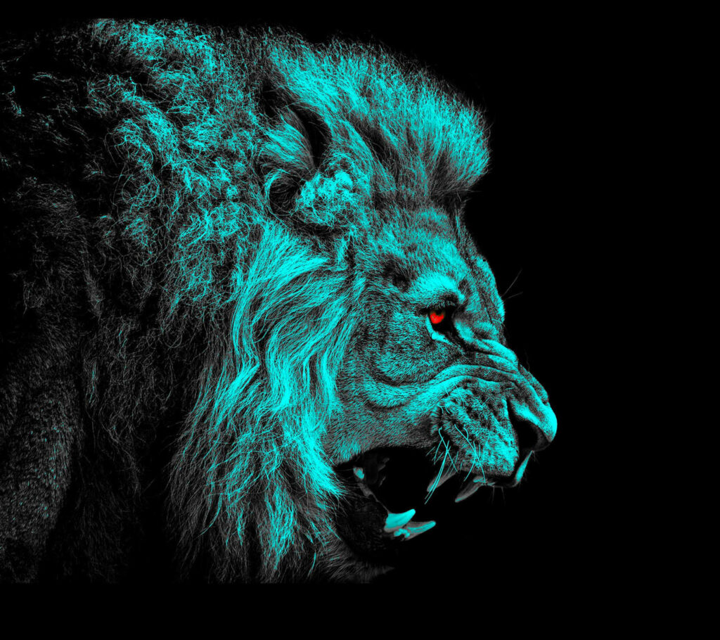 Vivid 3D Lion Profile: Turquoise Fur & Red Eyes on Dark Background Wallpaper