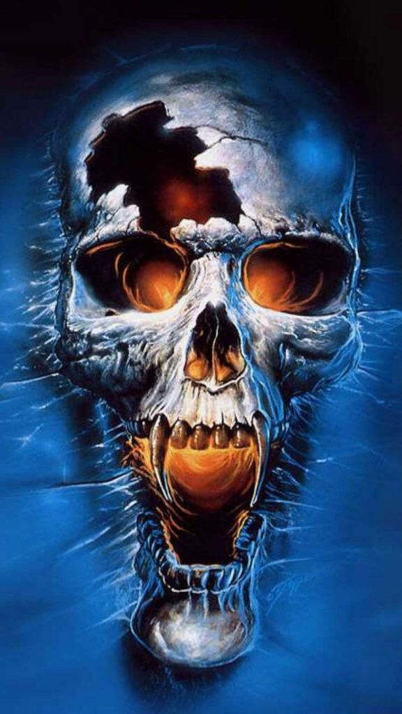Bold 3D Skull Wallpaper with Fiery Eyes on Deep Blue iPhone Background