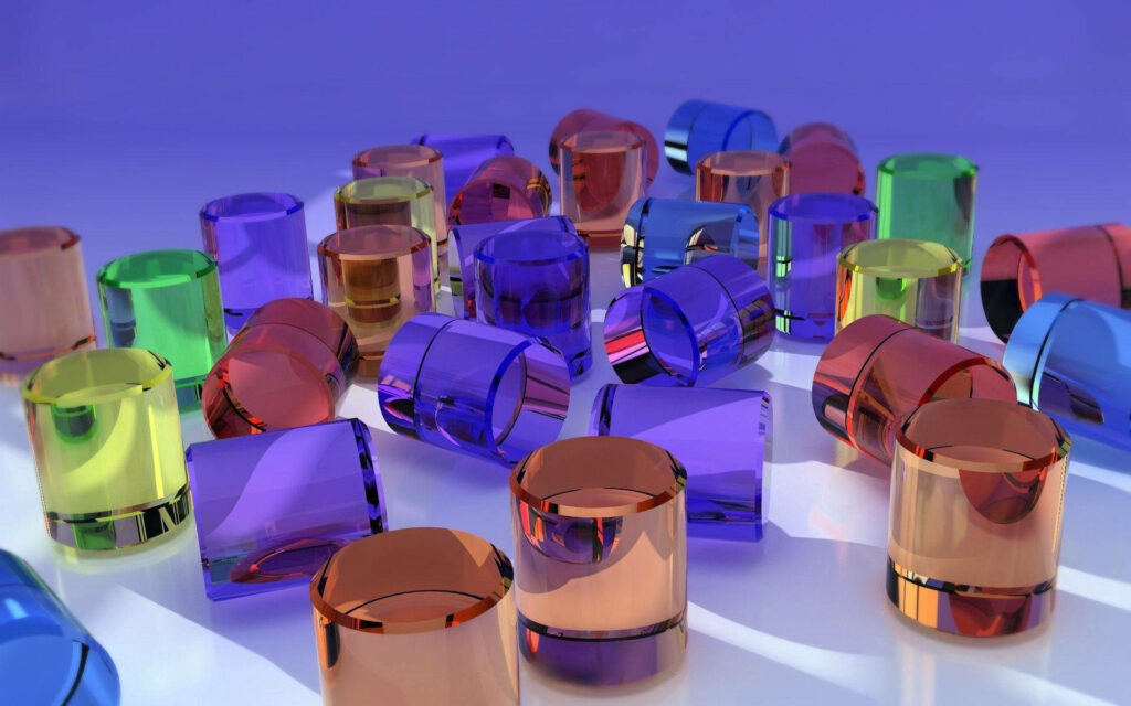 Vivid 3D transparent cylinders wallpaper in purple green orange and blue on white background