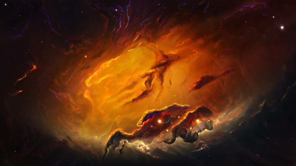 Vivid 4K Cosmic Abstract Wallpaper: Swirling Fiery Clouds
