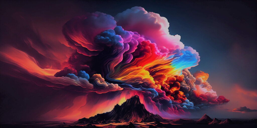 Vivid Abstract HD Wallpaper: Mountain & Swirling Multicolored Clouds