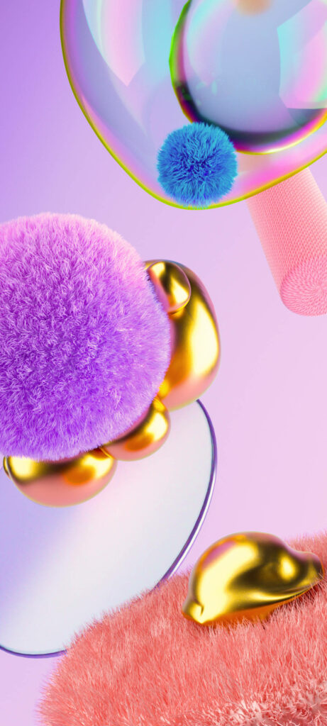 Vivid Abstract Wallpaper: Colorful Fluffy Puffs & Golden Spheres