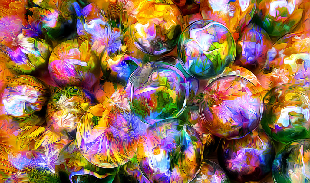 Vivid Abstract Wallpaper: Spherical Shapes & Colorful Blossoms