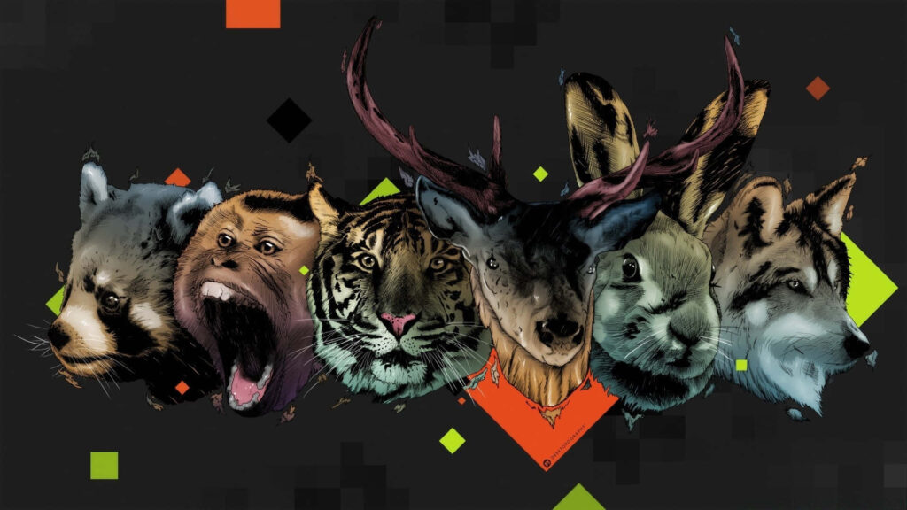 Vivid Animal Heads Wallpaper with Geometric Shapes on Dark Background