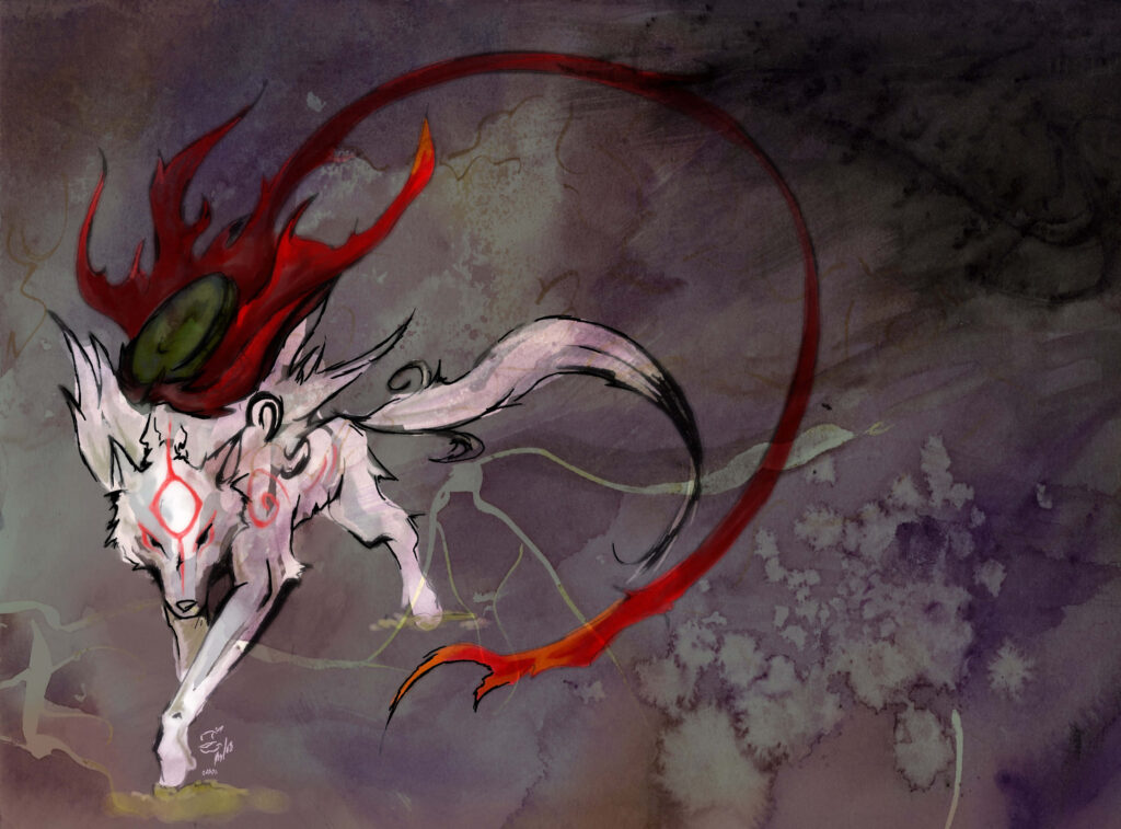 Elegant Anime Fox Wallpaper with Vivid Red Accents and Dark Background