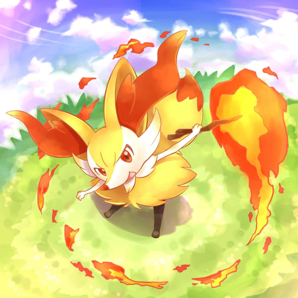 Braixen performing dynamic Fire Spin surrounded by swirling flames vibrant anime landscape wallpaper