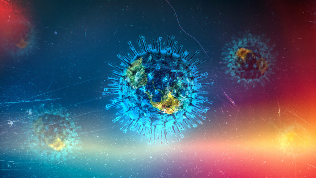 Colorful microscopic virus structures on gradient blue red yellow background digital art wallpaper