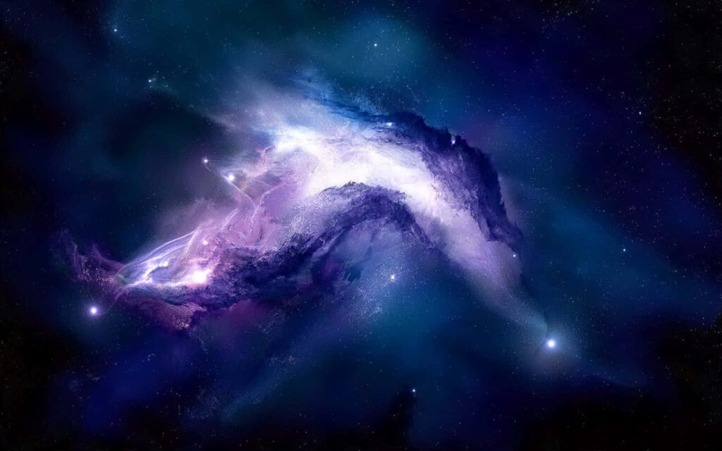 Vivid cosmic nebula in blue, purple, and white, surrounded by stars - stunning space wallpaper.